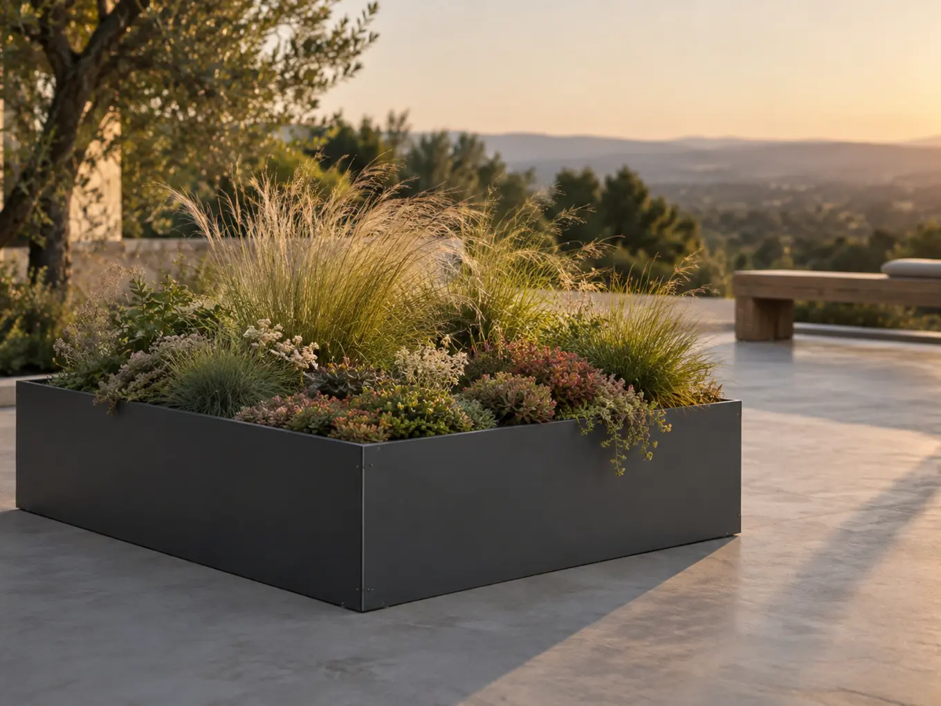 Vue d'artiste d'un bac bas carré en acier thermolaqué gris anthracite planté de graminées basses et de sedums, sur une terrasse en béton lissé