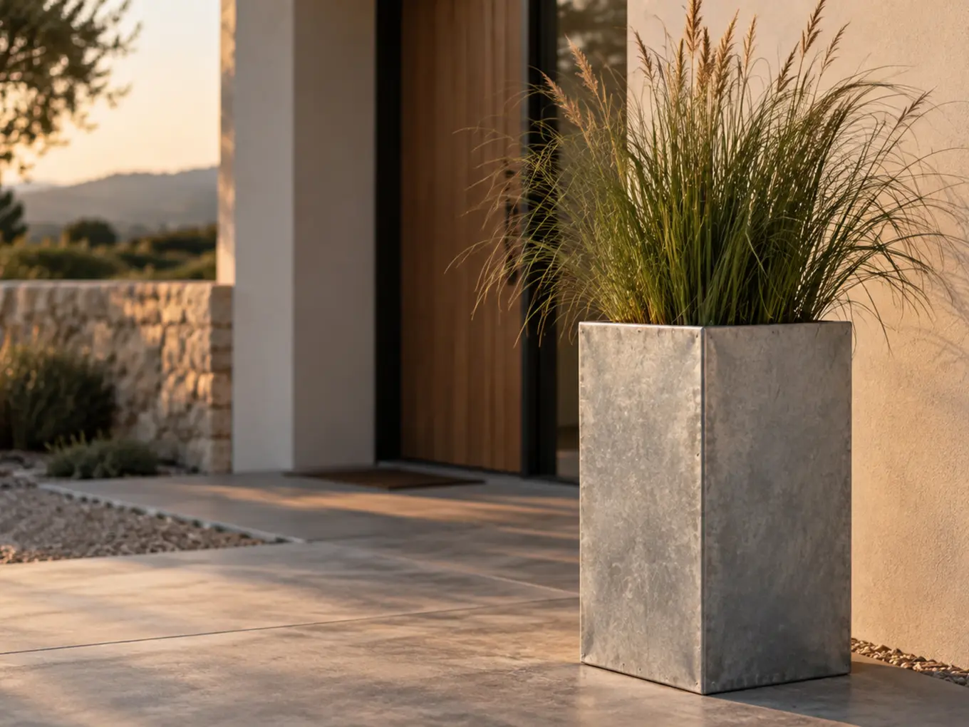 Vue d'artiste d'une colonne-jardinière en acier galvanisé brut plantée d'une graminée haute, dans une entrée en béton ciré