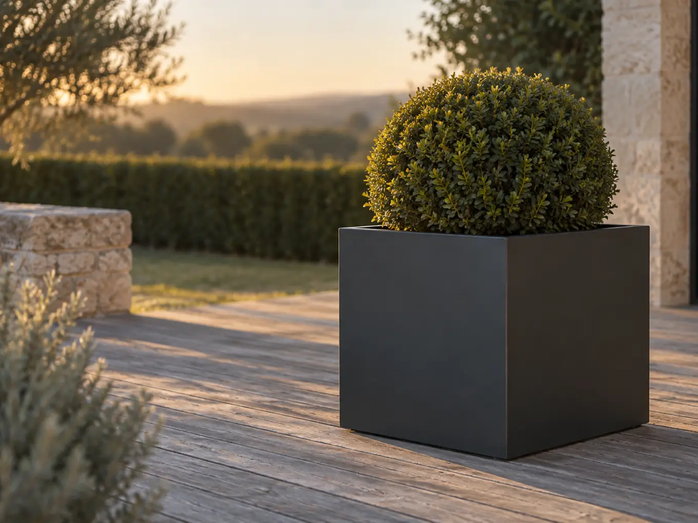 Vue d'artiste d'un bac cube en acier thermolaqué gris anthracite planté d'un buis taillé, sur une terrasse en bois grisé