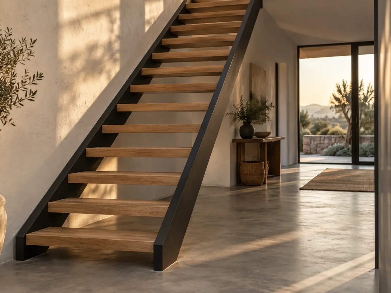 Vue d'artiste d'un escalier droit à deux limons en acier noir et marches en chêne massif