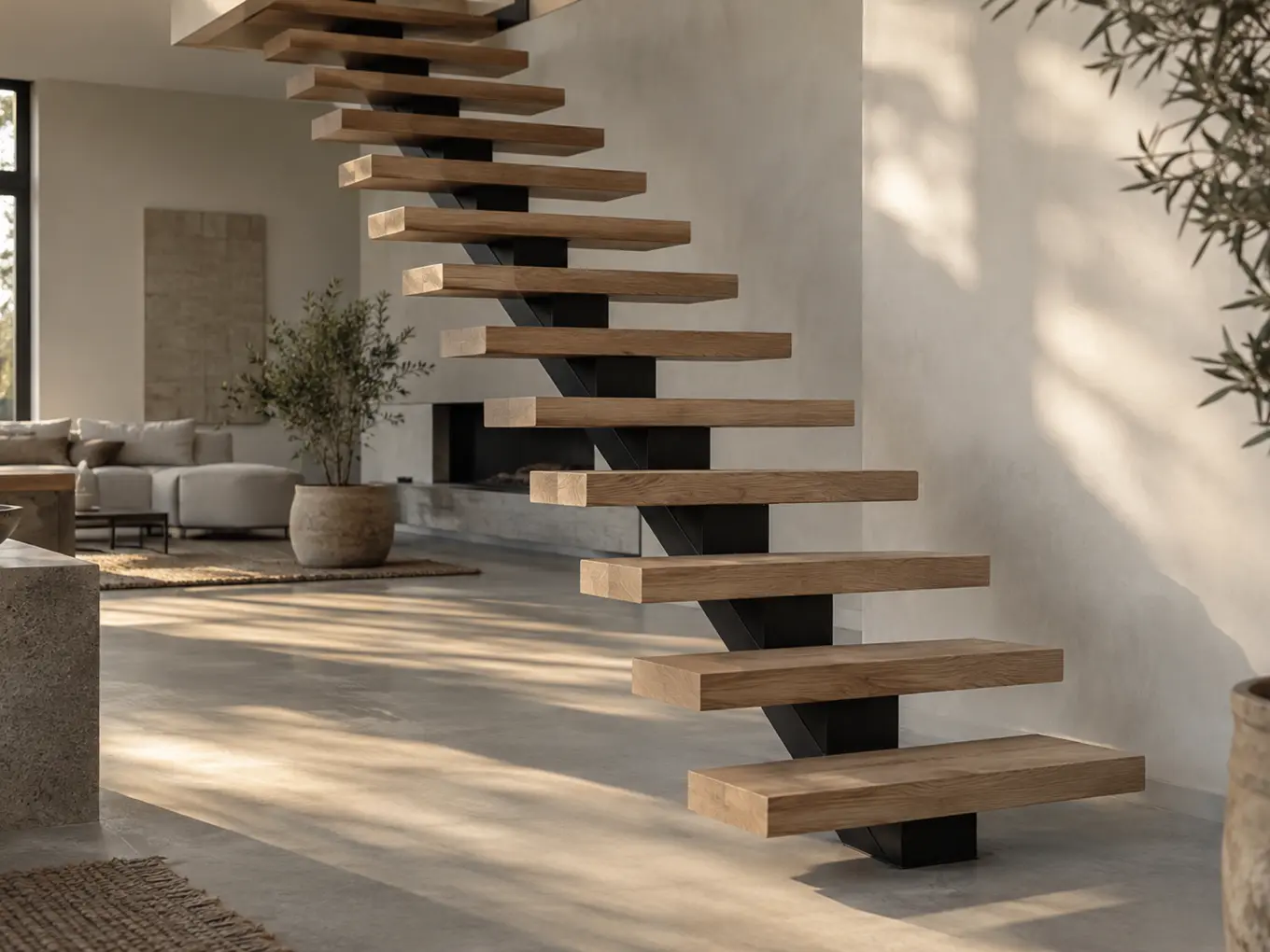 Vue d'artiste d'un escalier à limon central en acier noir, marches de chêne en porte-à-faux