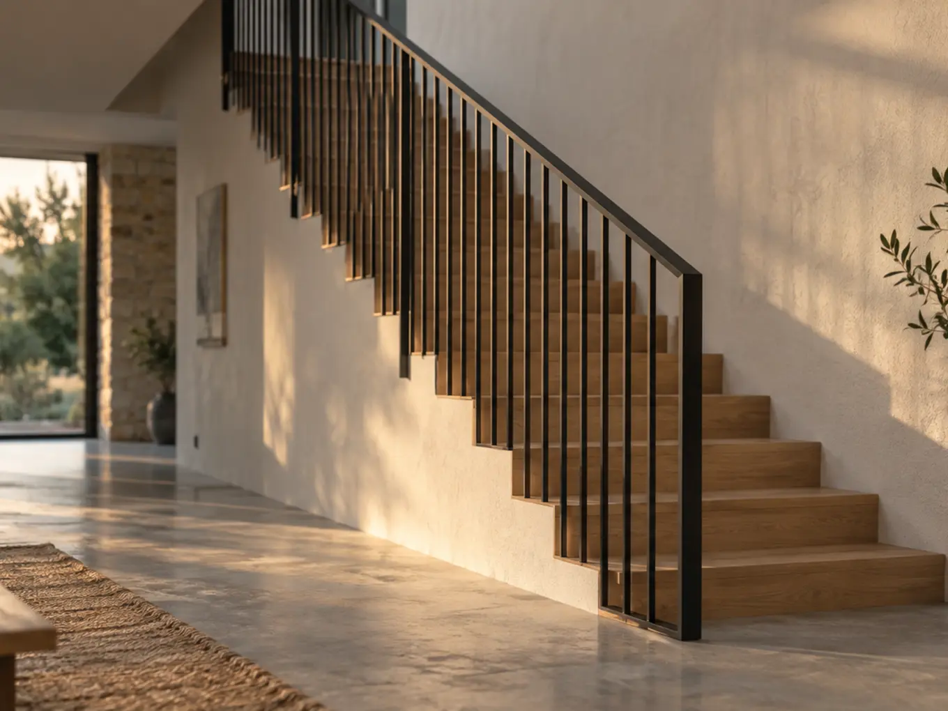 Vue d'artiste d'un garde-corps d'escalier en acier noir à barreaudage vertical, le long d'une volée de marches en chêne