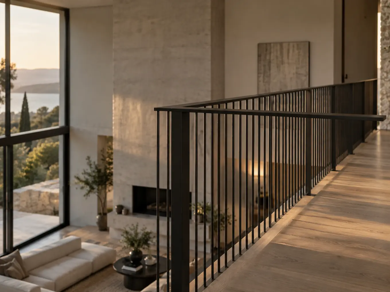 Vue d'artiste d'un garde-corps de mezzanine en acier noir à barreaudage vertical, bordant un séjour en double hauteur