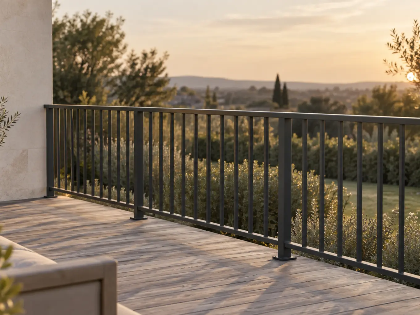 Vue d'artiste d'un garde-corps de terrasse en acier galvanisé thermolaqué anthracite, ouvert sur un jardin